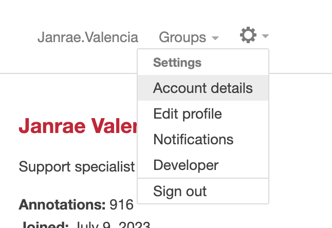 Settings option showing the Account Details selected